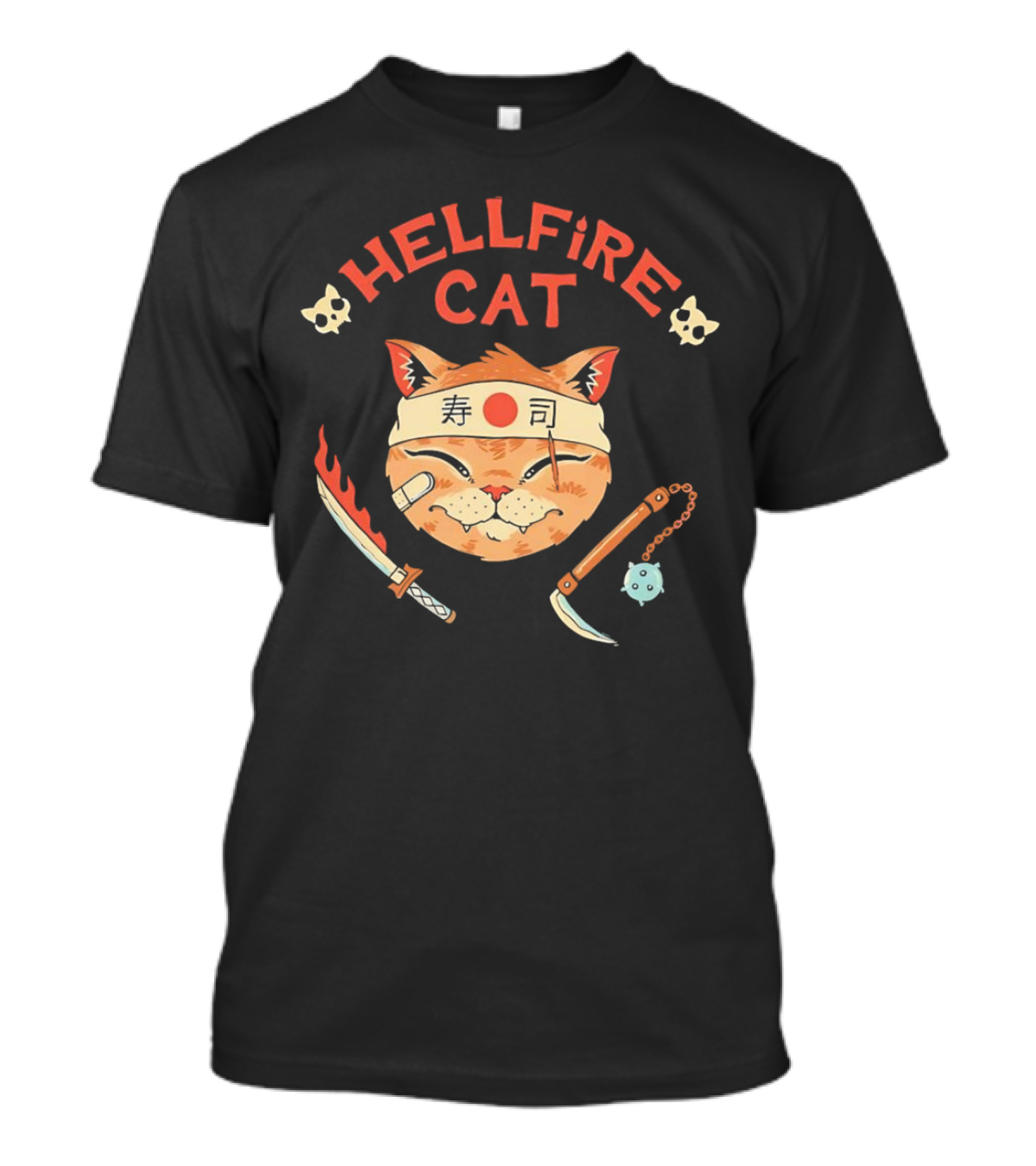 Hellfire Cat Sushi Samurai With Nunchaku And Flaming Sword T-Shirt