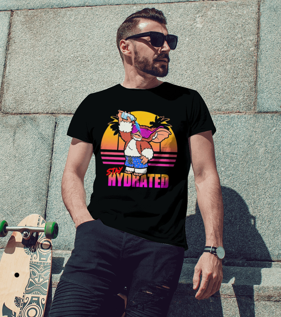 Stay Hydrated Gizmo Summer Beach Vibes With Sunset And Palm Trees T-Shirt