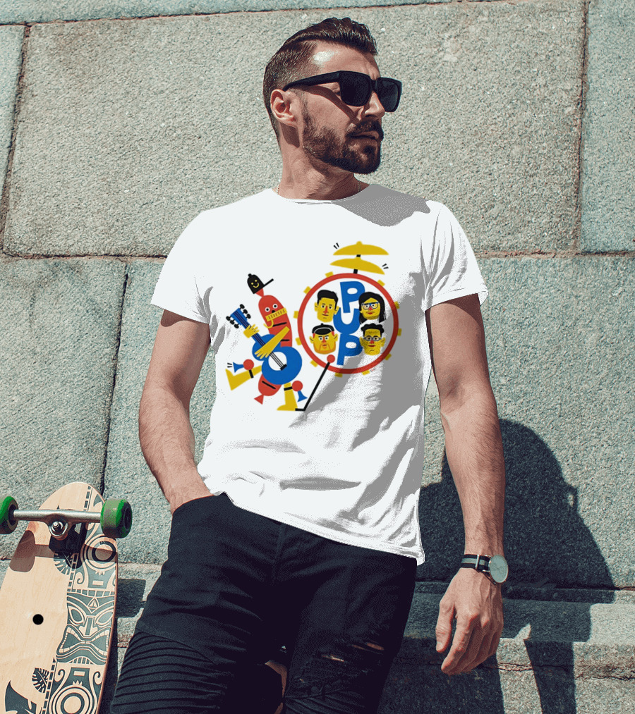 Band Of Wiener Pup Drum Faces And Guitar Character T-Shirt