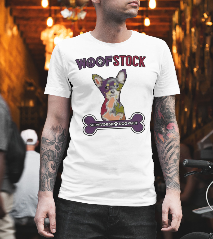Woof Stock Peace Sign Survivor 5K Dog Walk Colorful Chihuahua Bone T-Shirt