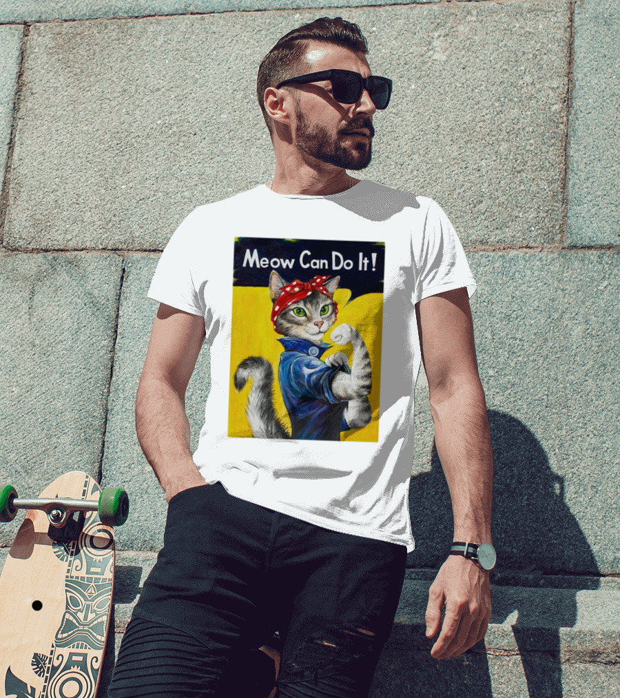 Meow Can Do It Rosie The Riveter Cat Red Bandana T-Shirt