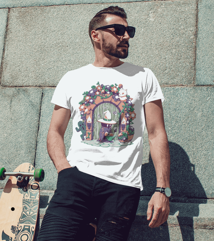 A Gardening Mage And Friends Enchanted Floral Doorway Fantasy Garden Scene T-Shirt