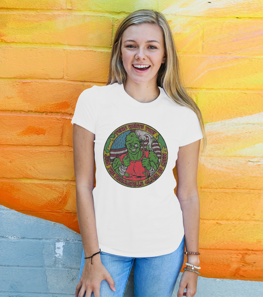 Toxie Wants You Join The Tromaville Clean Up Crew American Flag Background T-Shirt