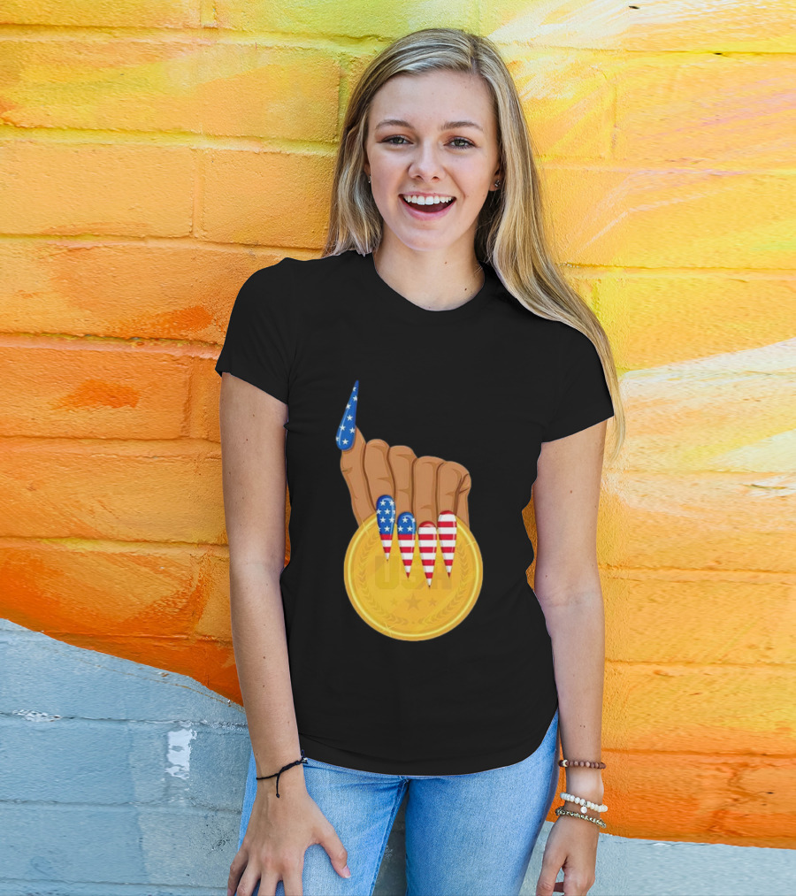 USA Gold Medal Hand With American Flag Nails T-Shirt