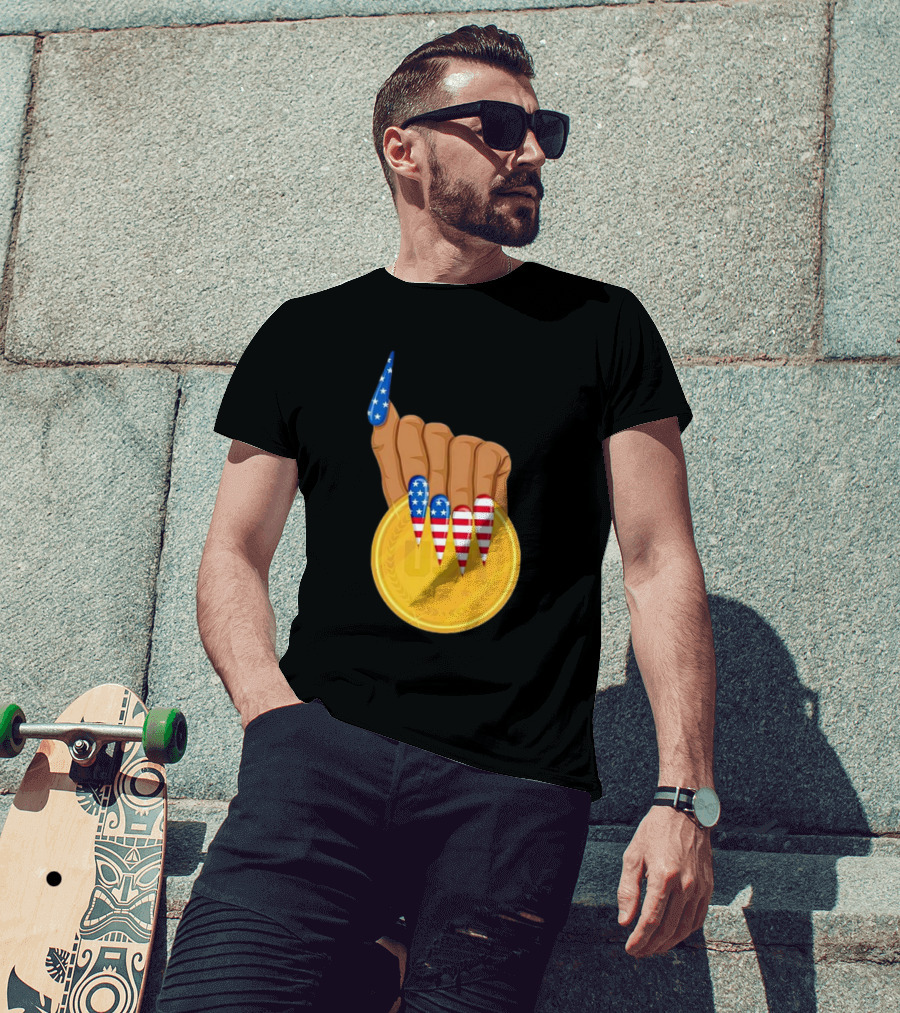 USA Gold Medal Hand With American Flag Nails T-Shirt