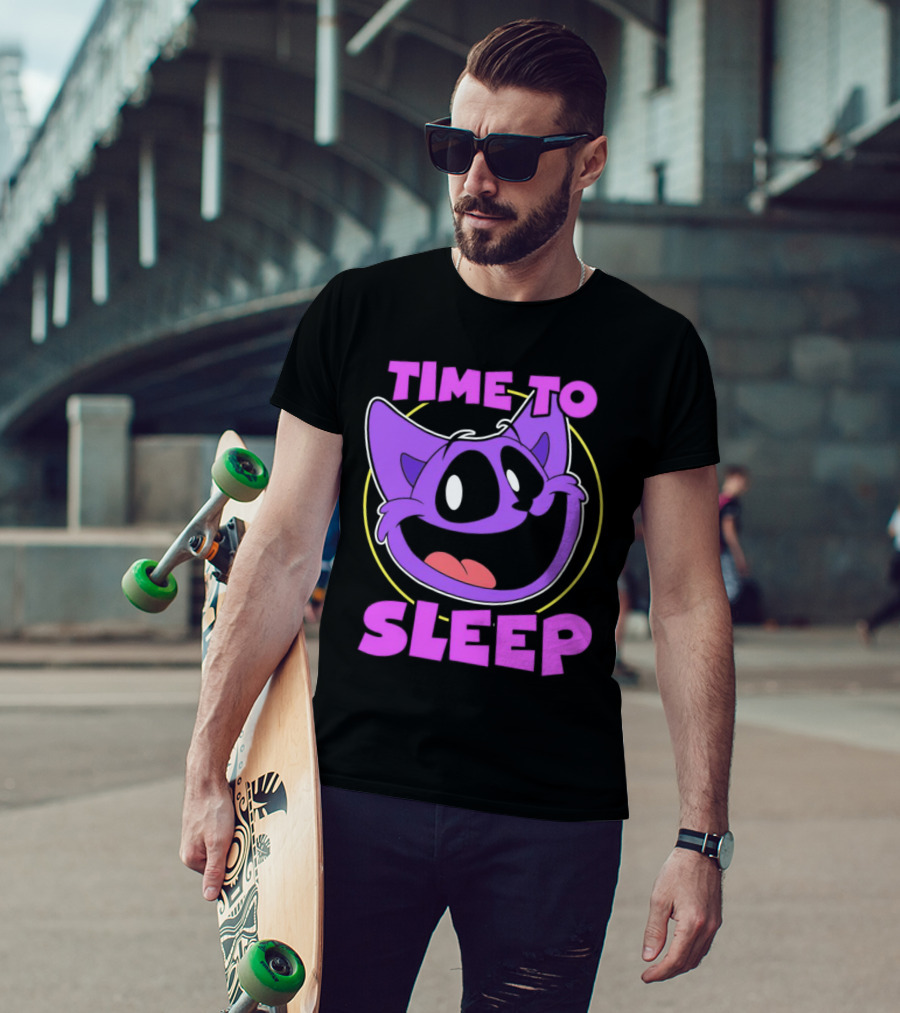 Time To Sleep Purple Cat Cartoon Face T-Shirt