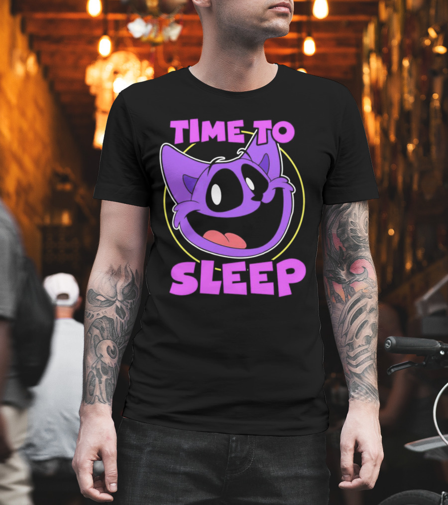 Time to Sleep Purple Cat Cartoon Face T-Shirt