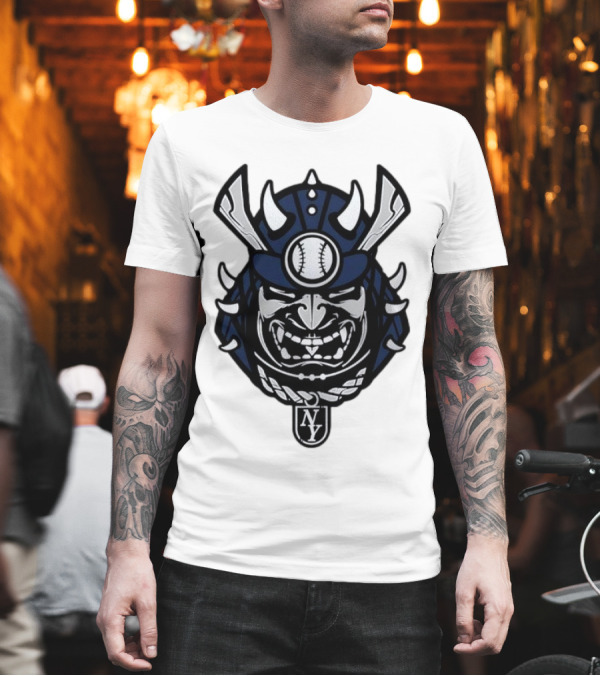 New York Yankees Samurai Helmet with Baseball and NY Initials T-Shirt New York Yankees Samurai Helmet with Baseball and NY Initials T-Shirt