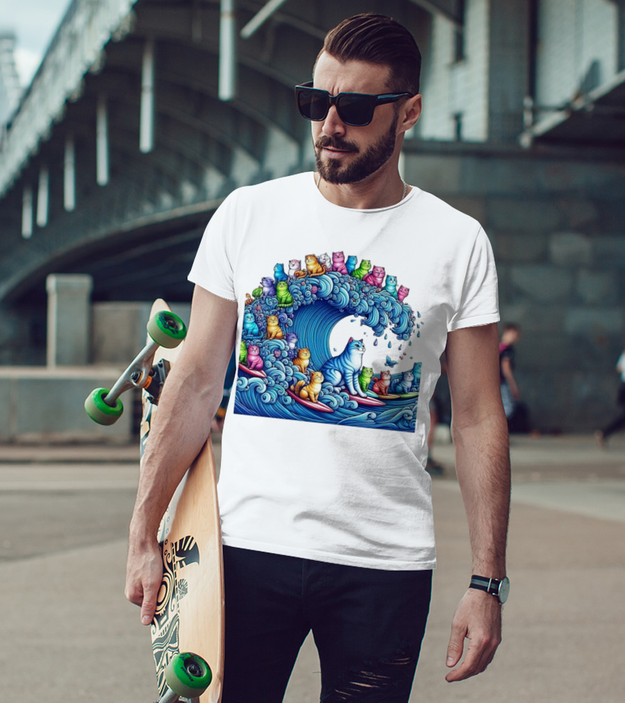 Cats Surfing In A Colorful Wave Bringing Joy T-Shirt