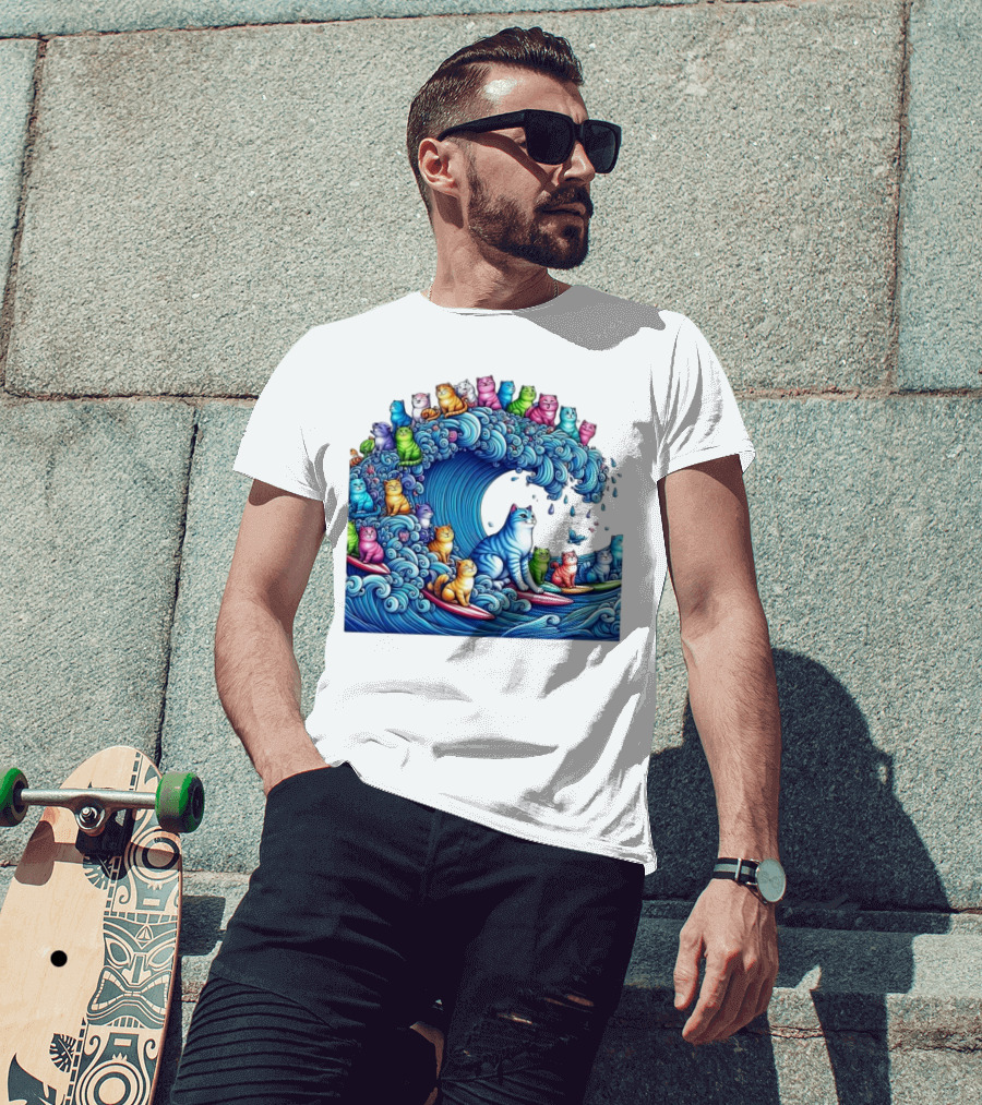 Cats Surfing In A Colorful Wave Bringing Joy T-Shirt