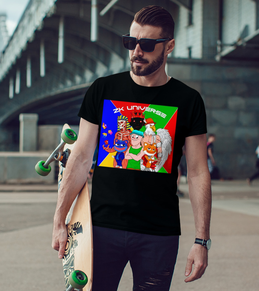 ZK Universe Colorful Characters With Pharaoh Skeleton, Crowned Figure, And Winged Eagle T-Shirt