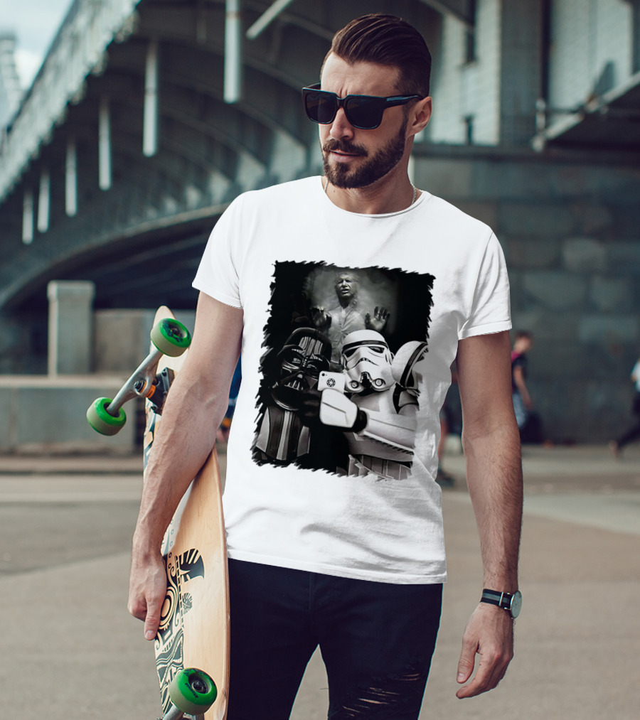 Star Wars Darth Vader And Stormtrooper Taking Selfie With Han Solo Frozen In Carbonite T-Shirt