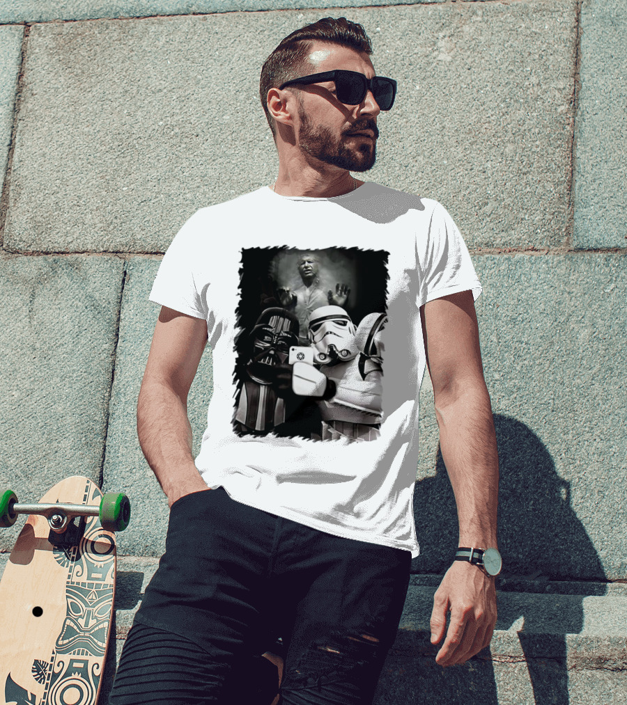 Star Wars Darth Vader And Stormtrooper Taking Selfie With Han Solo Frozen In Carbonite T-Shirt