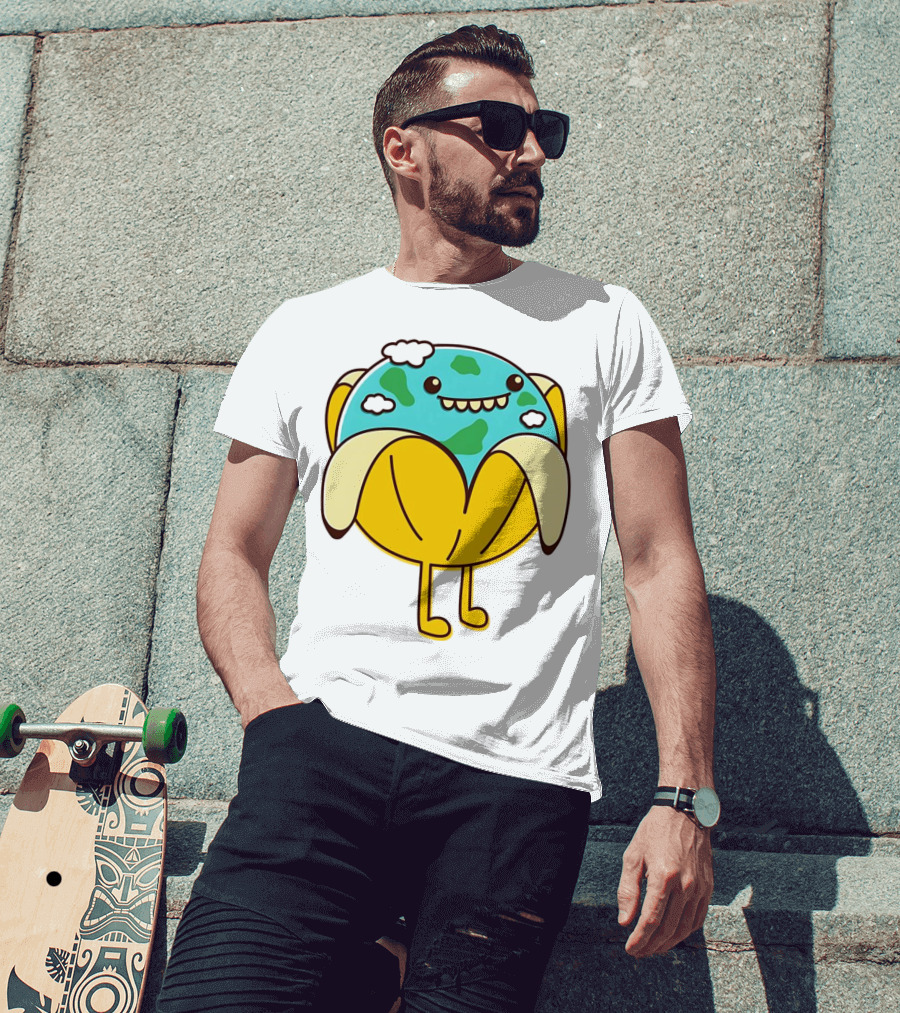 The World Has Gone Bananas Earth In A Peel With Clouds And Smiley Face T-Shirt
