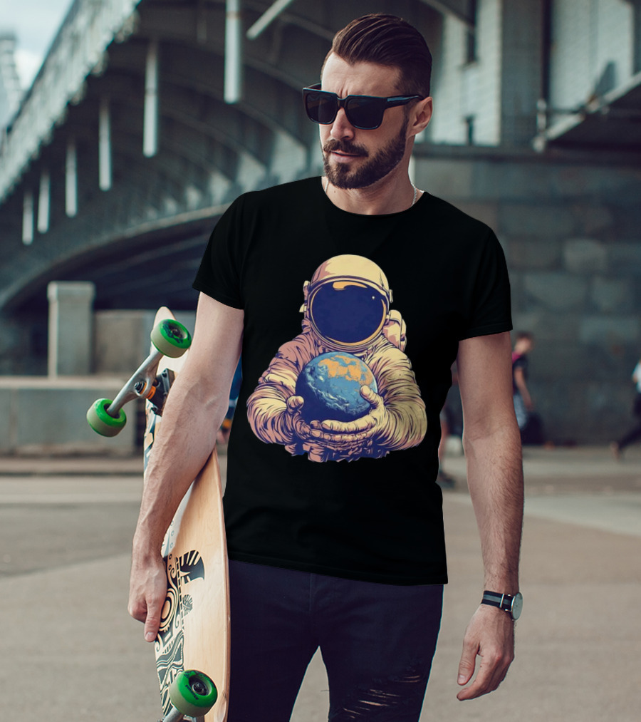 Astronaut Embracing Planet Earth Cosmic Guardians Of Home T-Shirt