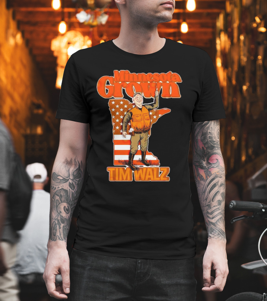 Minnesota Grown Tim Walz Thumbs Up American Flag State Outline T-Shirt