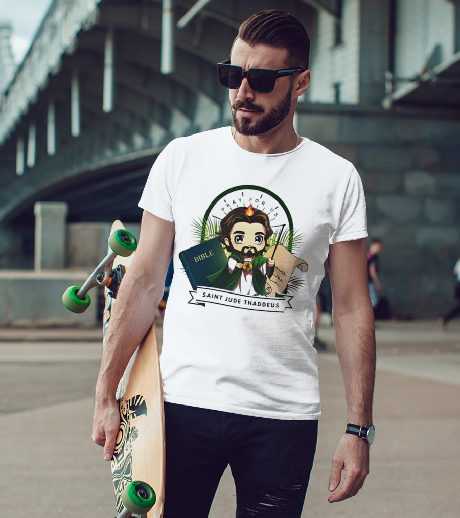 Saint Jude Thaddeus Pray For Us Cartoon Bible Scroll Flame T-Shirt