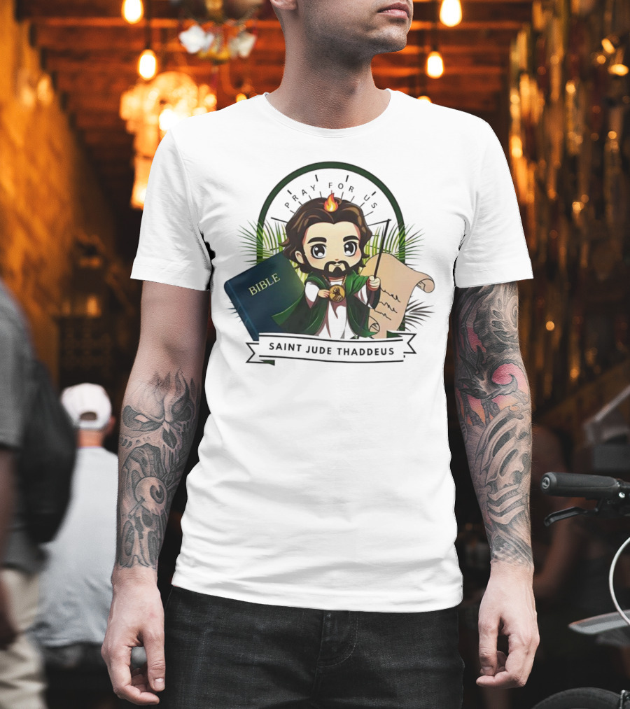 Saint Jude Thaddeus Pray For Us Cartoon Bible Scroll Flame T-Shirt