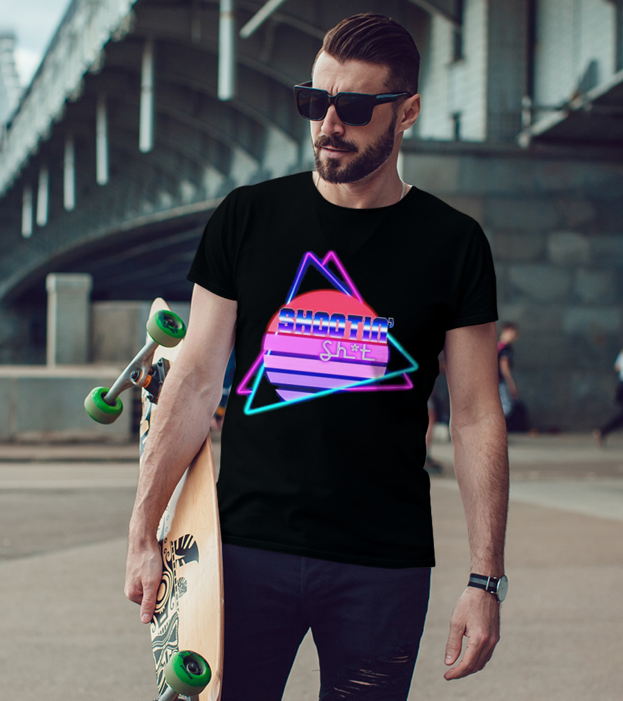 Shootin’ Sh*t Neon Retro 80's Style Triangles And Sunset Stripes T-Shirt