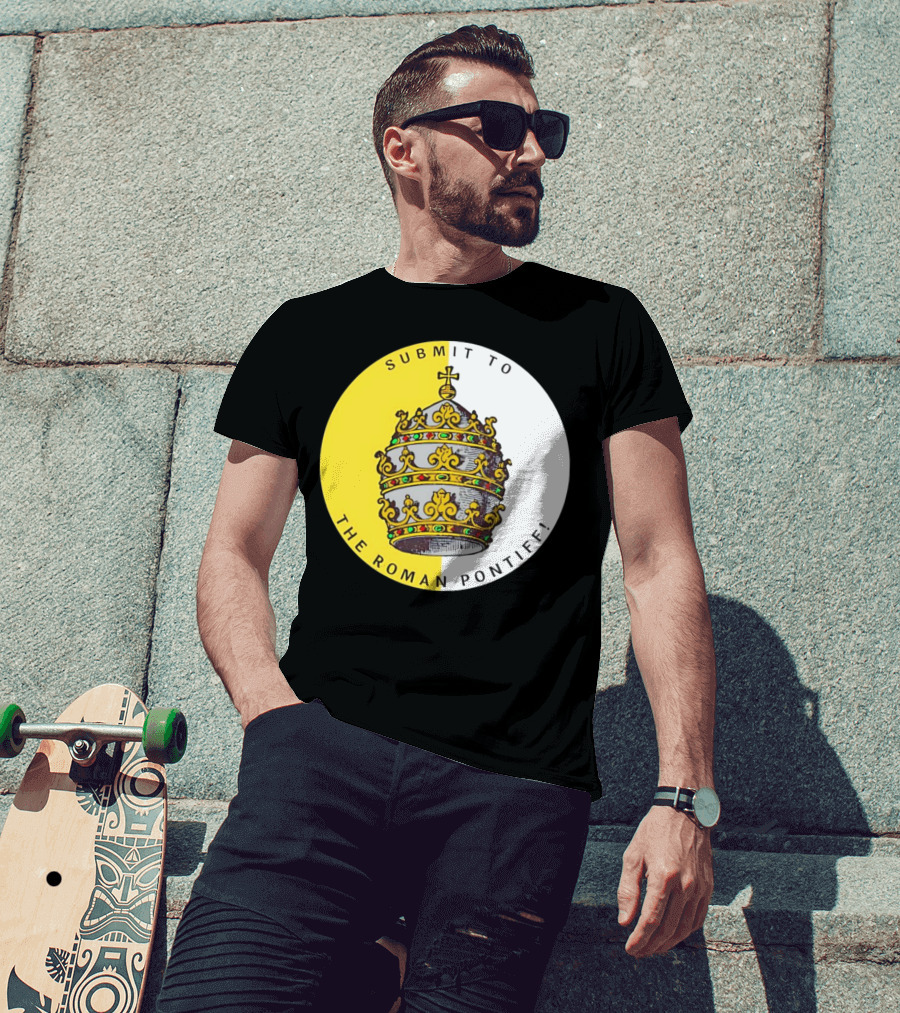 Submit To The Roman Pontiff Triple Tiara Circular Emblem T-Shirt
