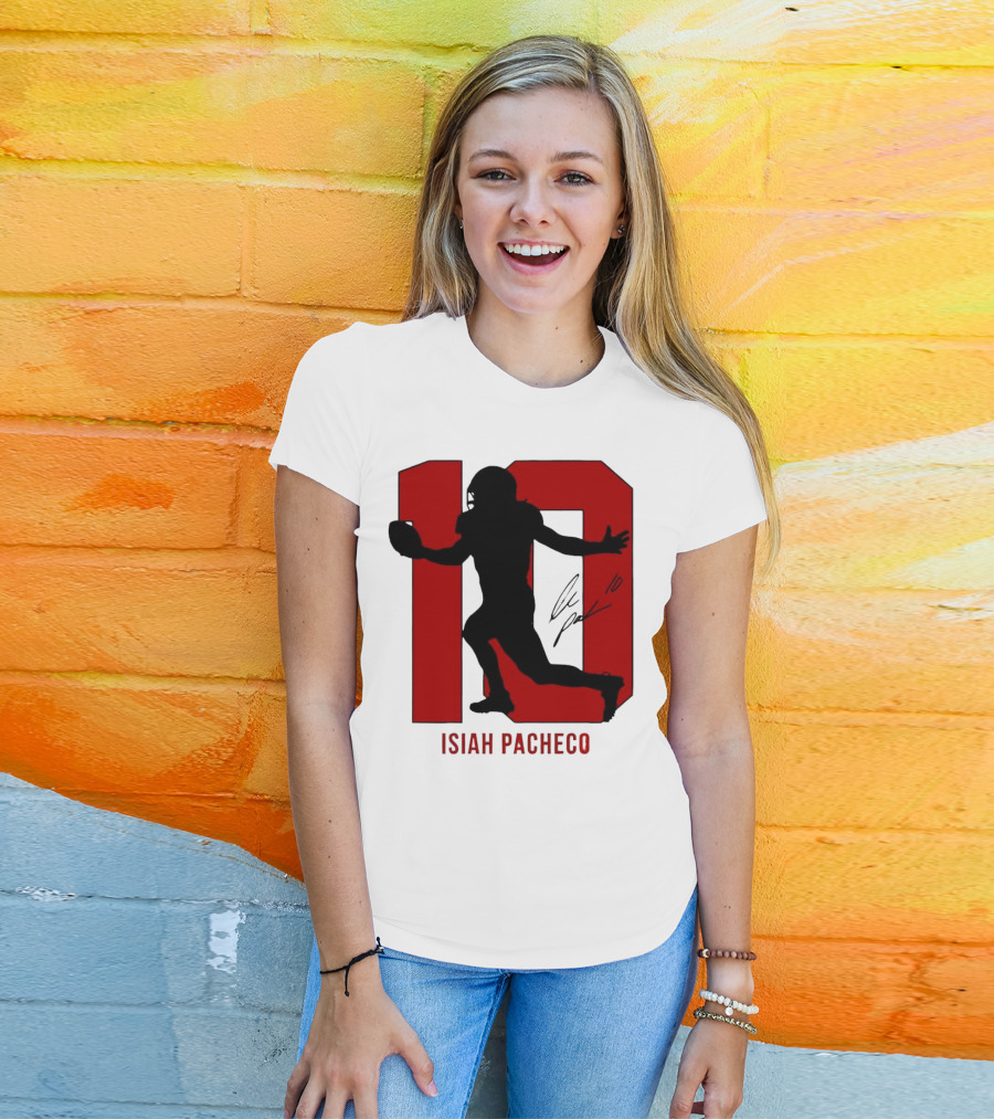 Isiah Pacheco Number 10 Kansas City Chiefs Silo Signature Action T-Shirt