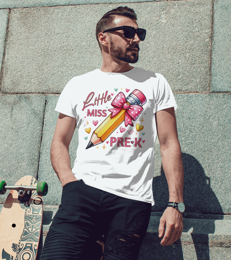 Little Miss Pre-K Pencil With Pink Bow And Hearts T-Shirt