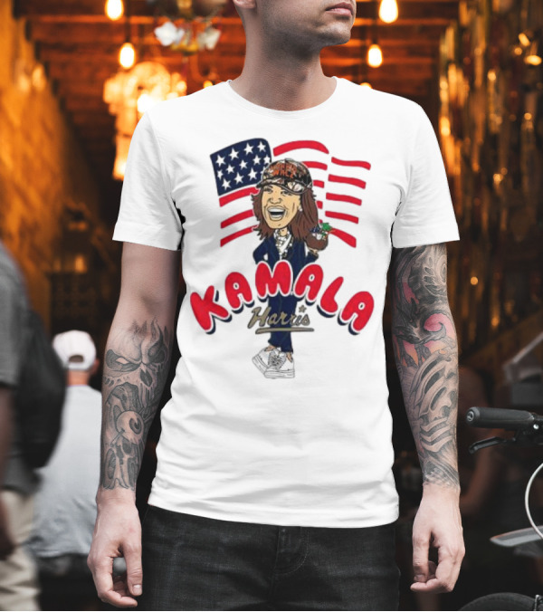 Kamala Harris Caricature with Coconut and USA Flag T-Shirt Kamala Harris Caricature with Coconut and USA Flag T-Shirt