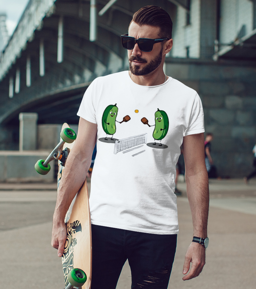 Pickles Playing Pickleball With Smiling Characters And Paddles T-Shirt
