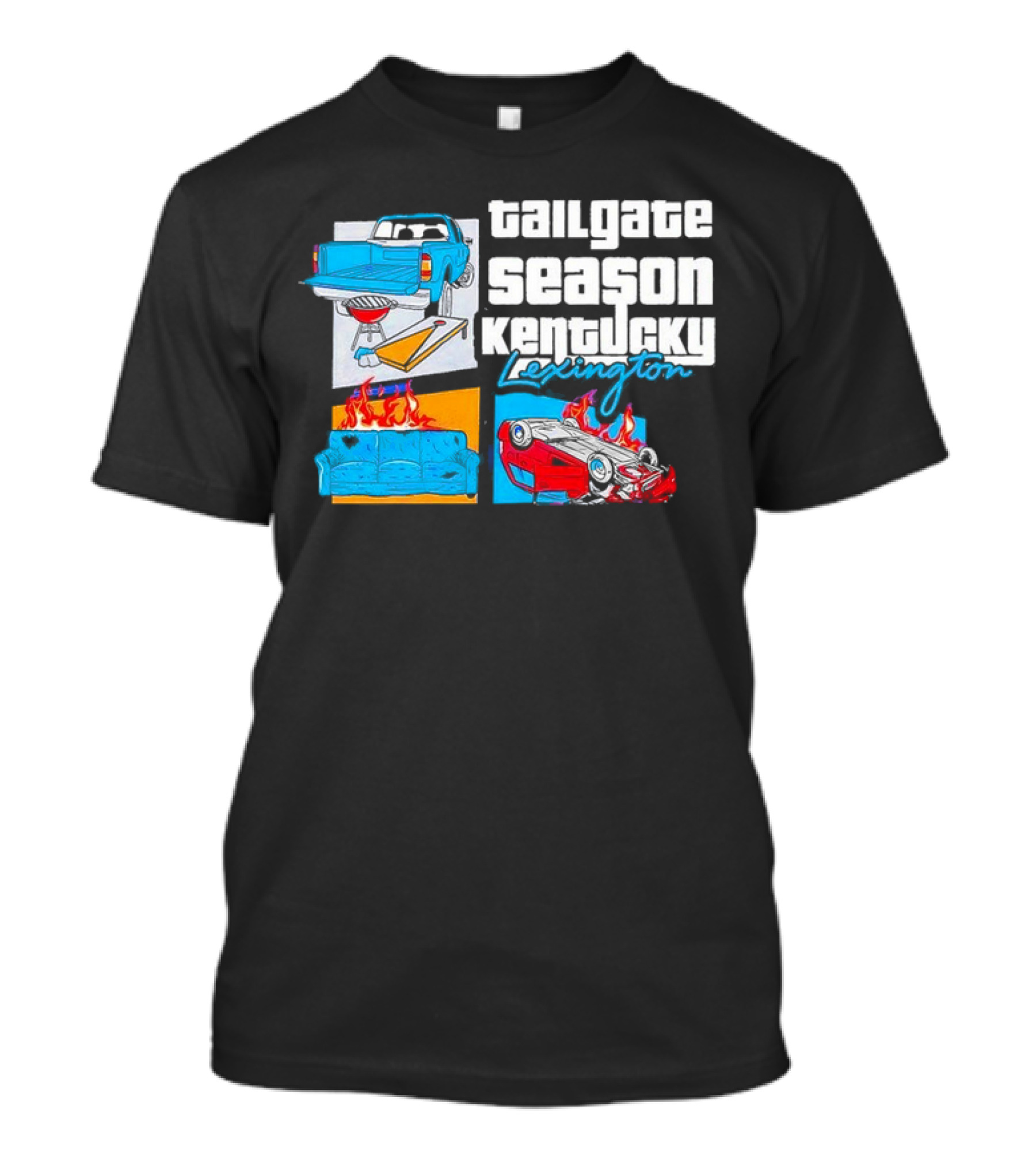 Tailgate Season Kentucky Lexington Truck BBQ Couch Fire Car Flip T-Shirt