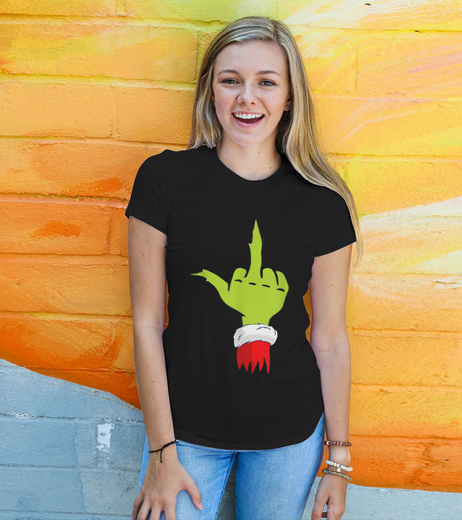 Grinch Middle Finger Merry Christmas Santa Hand Gesture T-Shirt