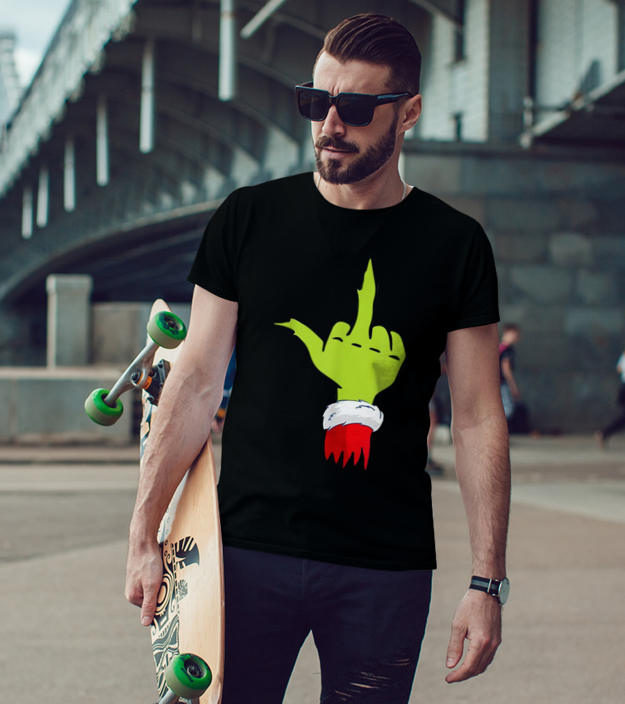 Grinch Middle Finger Merry Christmas Santa Hand Gesture T-Shirt