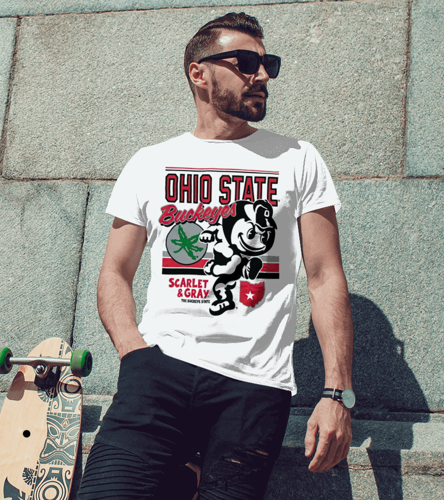 Ohio State Buckeyes Scarlet And Gray Buckeyes State Vintage Style With Script Logo And Buckeye Leaf T-Shirt