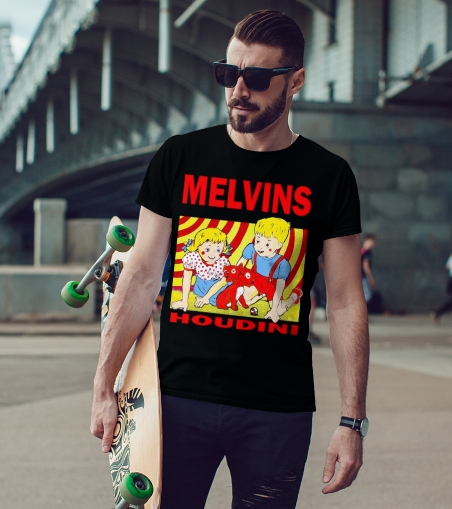 Melvins Houdini Late 00s Jerks Kids With Red Dog And Swirling Red Yellow Background T-Shirt
