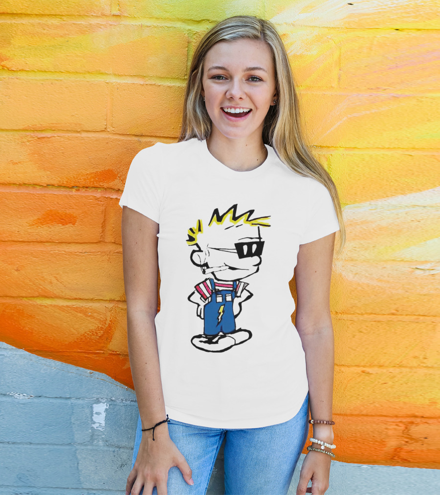 Calvin And Hobbes Spaceman Spiff Lightning Overalls Yellow Hair Sunglasses T-Shirt