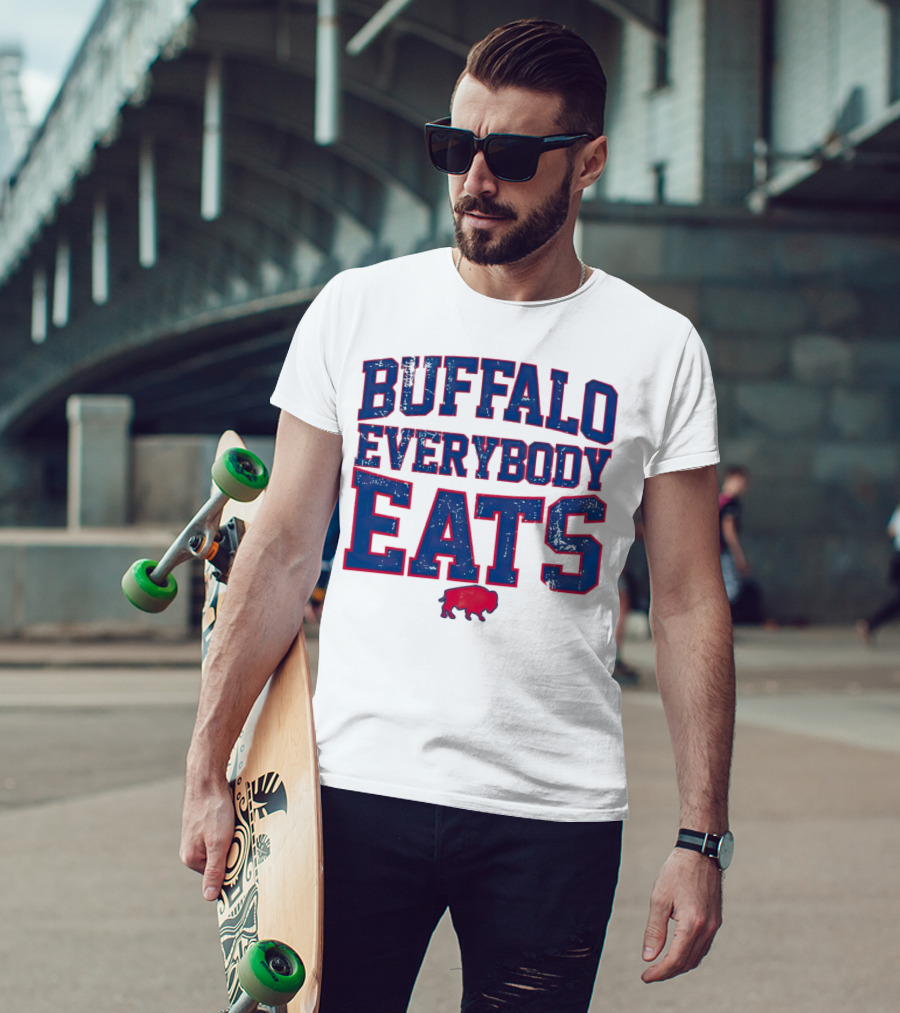 Buffalo Everybody Eats Red Bison Icon Bold Blue Letters T-Shirt
