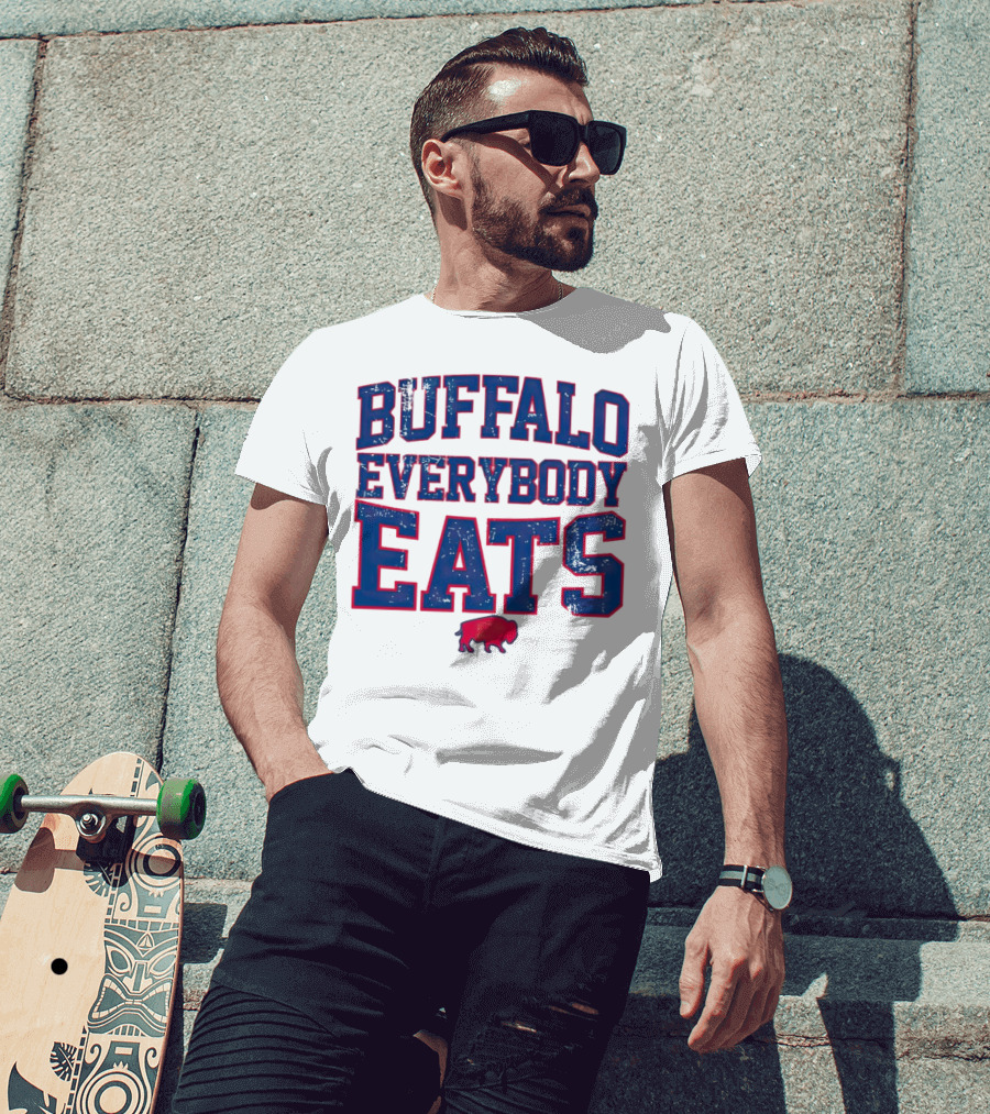Buffalo Everybody Eats Red Bison Icon Bold Blue Letters T-Shirt