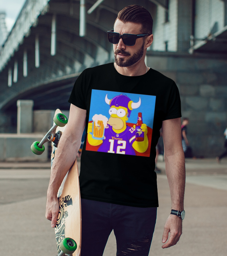 Homer Simpson In Minnesota Vikings Gear Drinking Beer T-Shirt