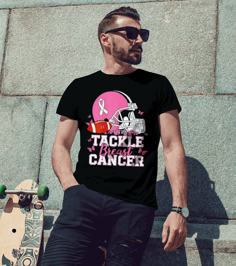 Tackle Breast Cancer Awareness Pink Football Helmet Ribbon Butterflies T-Shirt