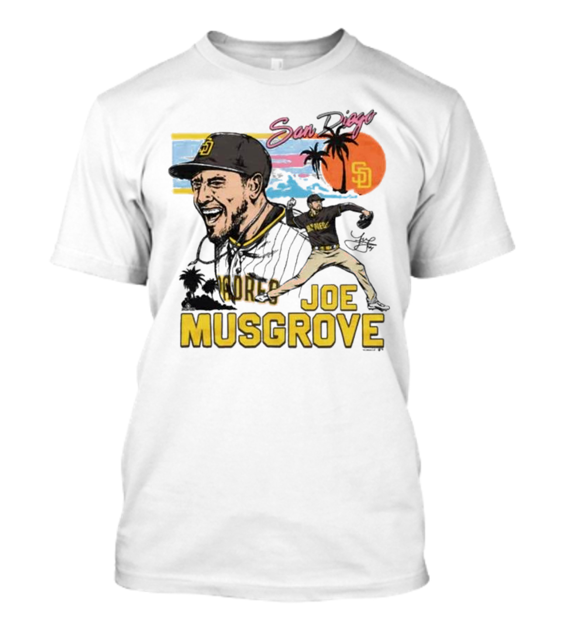 Joe Musgrove San Diego Padres Sunset Palm Trees Signature Caricature T-Shirt