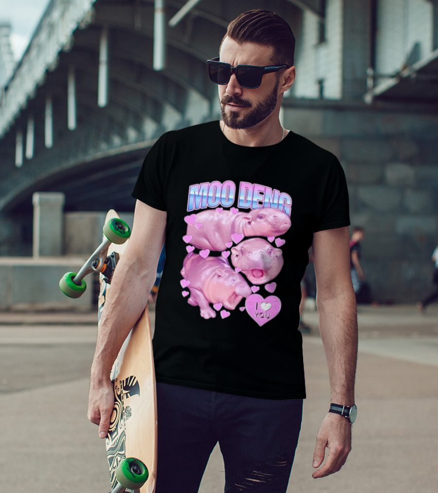 Moo Deng I Love You Pink Hippo Hearts T-Shirt