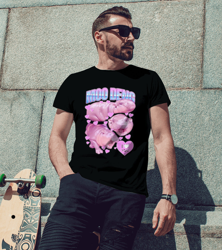 Moo Deng I Love You Pink Hippo Hearts T-Shirt