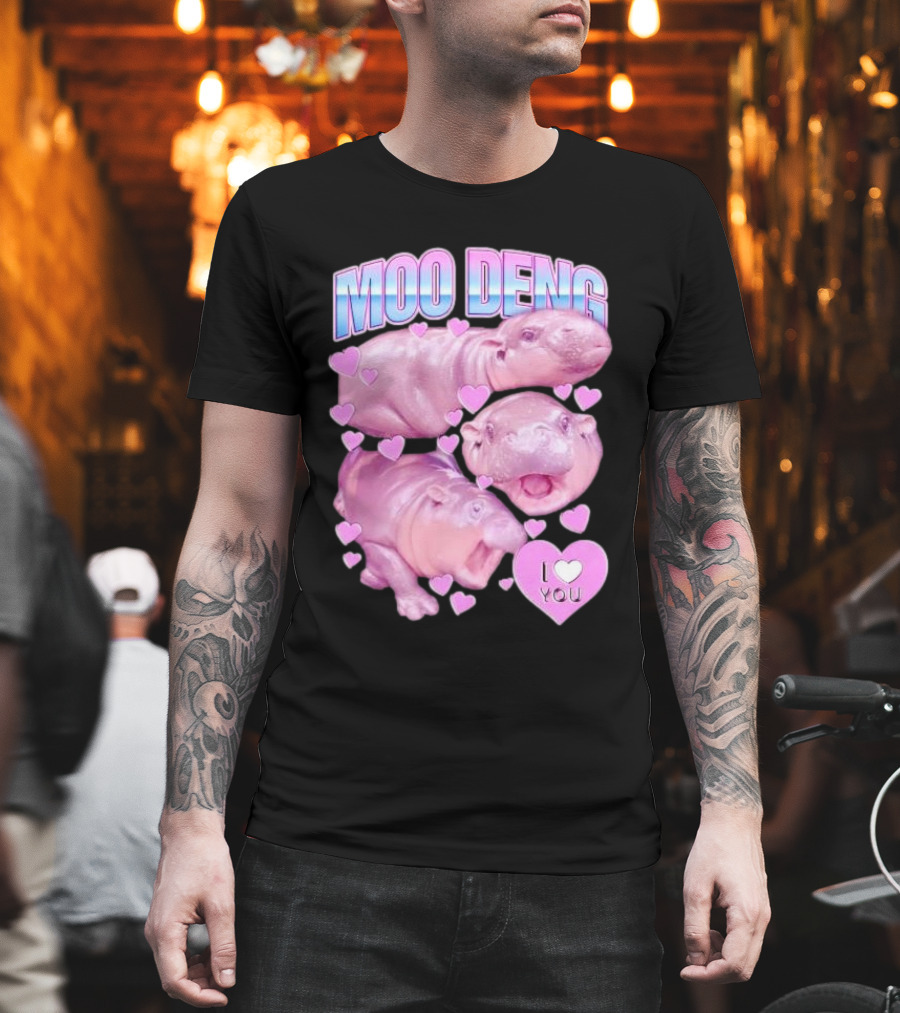 Moo Deng I Love You Pink Hippo Hearts T-Shirt