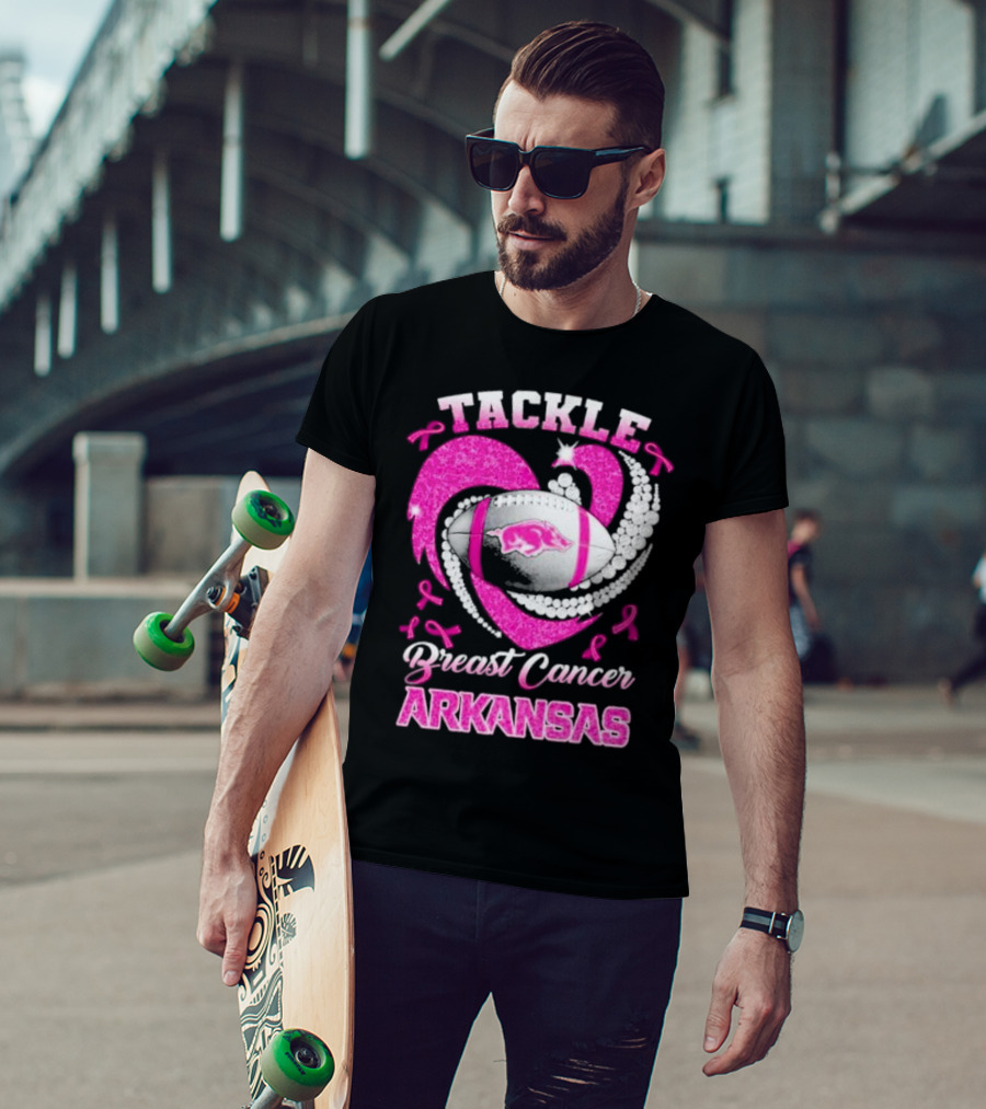 Arkansas Razorbacks Tackle Breast Cancer Pink Ribbon Heart Football T-Shirt