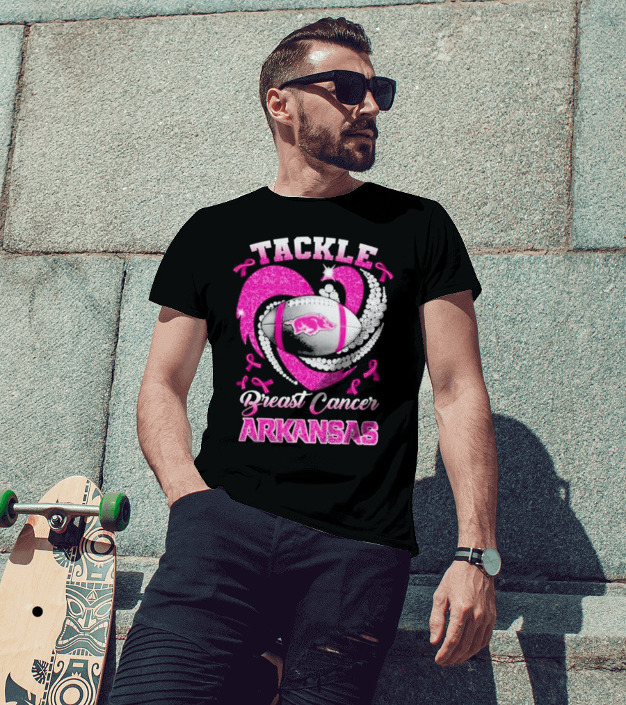 Arkansas Razorbacks Tackle Breast Cancer Pink Ribbon Heart Football T-Shirt