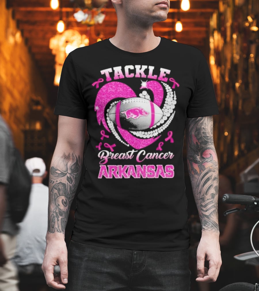 Arkansas Razorbacks Tackle Breast Cancer Pink Ribbon Heart Football T-Shirt
