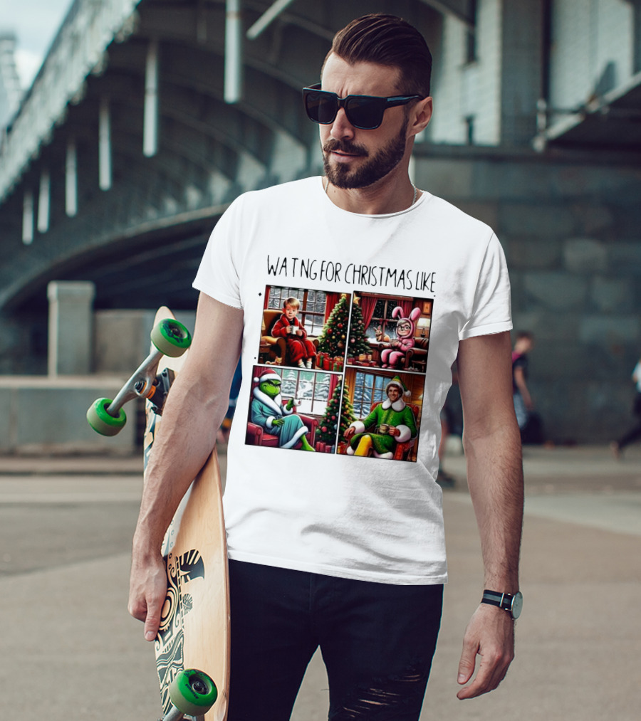 Waiting For Christmas Like Iconic Holiday Characters With Christmas Tree And Cozy Living Room Scene T-Shirt