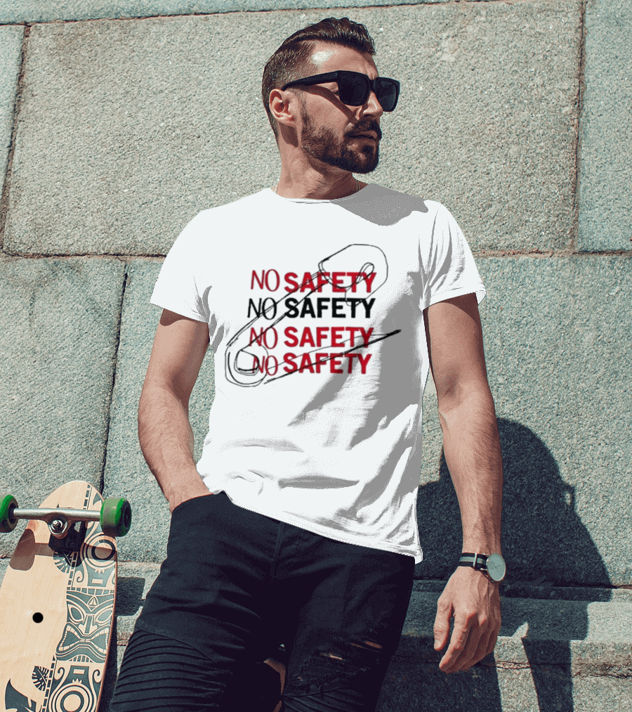 NO SAFETY Safety Pin Repeated Text T-Shirt
