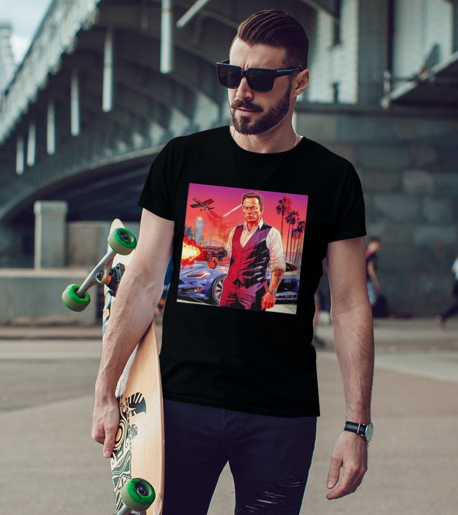 Grand Theft Auto Elon Musk Sunset Shootout With Palm Trees And Jetstream T-Shirt