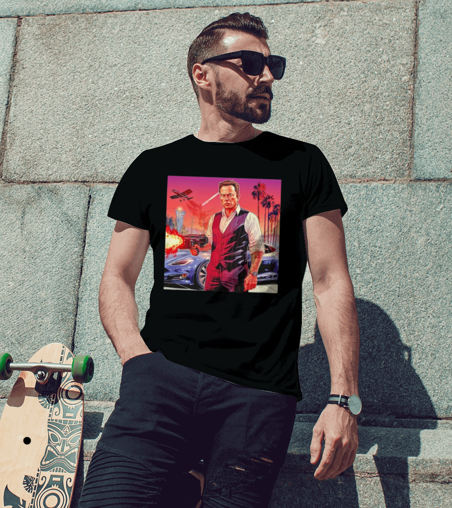 Grand Theft Auto Elon Musk Sunset Shootout With Palm Trees And Jetstream T-Shirt