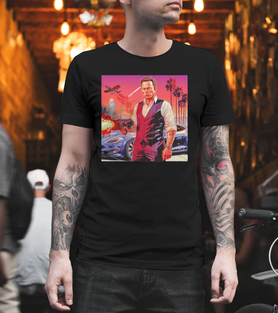 Grand Theft Auto Elon Musk Sunset Shootout with Palm Trees and Jetstream T-Shirt
